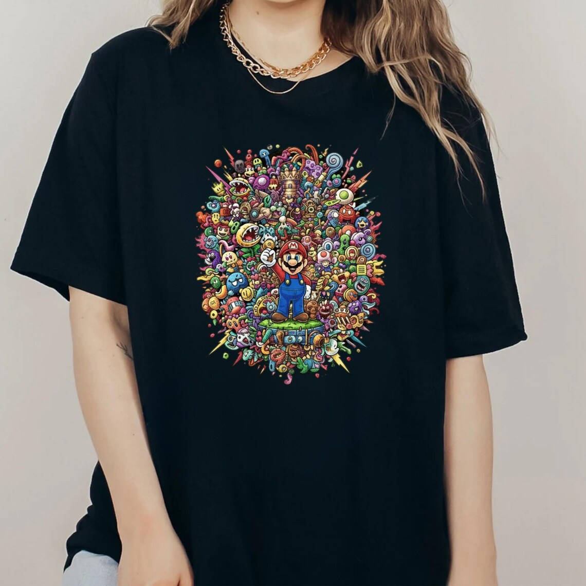 Mario Doodle Art T-Shirt, Colorful Gamer Graphic Tee, Trippy Video Game Character Shirt, Maximalist Streetwear, Super Mario Fan Gift Idea