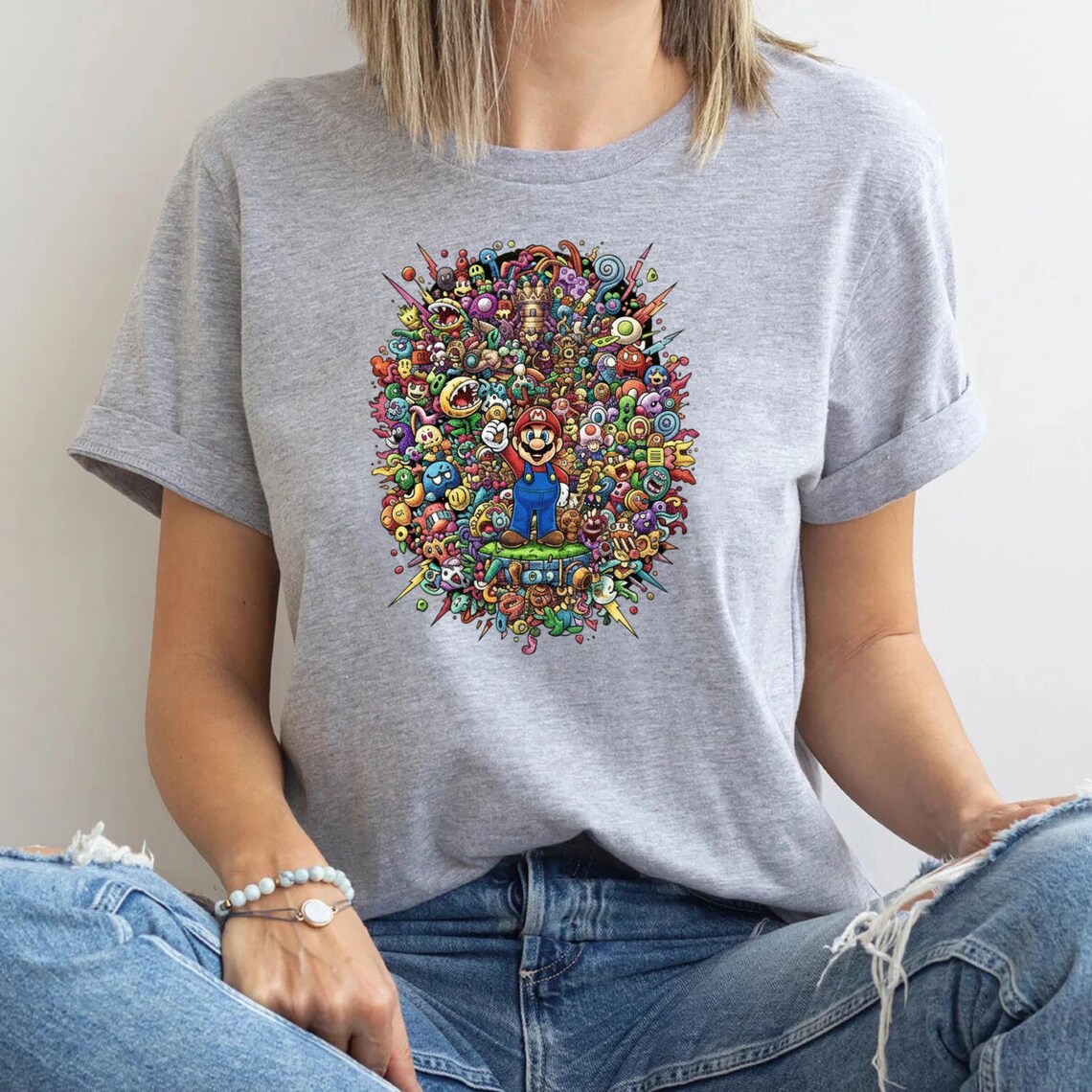 Mario Doodle Art T-Shirt, Colorful Gamer Graphic Tee, Trippy Video Game Character Shirt, Maximalist Streetwear, Super Mario Fan Gift Idea - Image 2