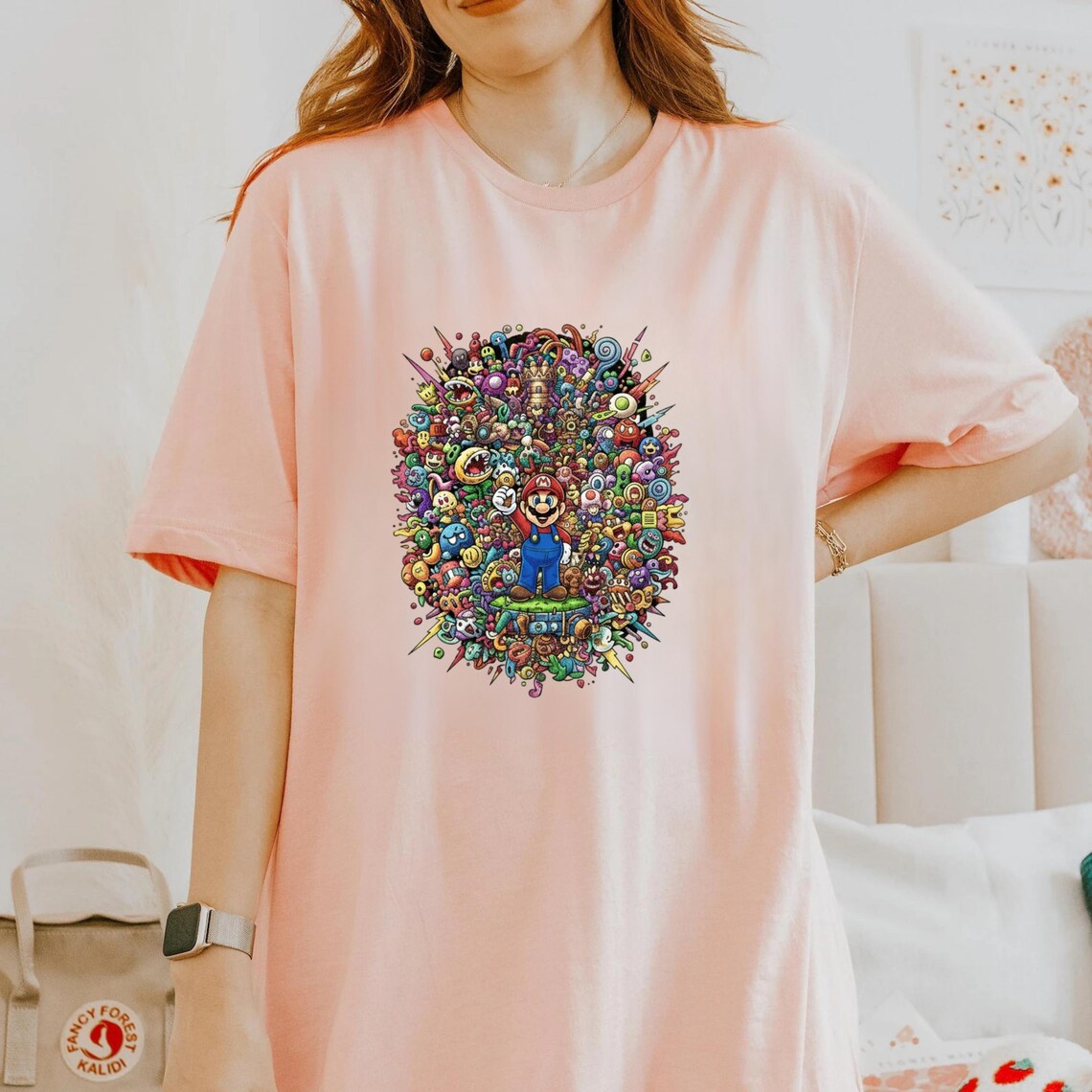 Mario Doodle Art T-Shirt, Colorful Gamer Graphic Tee, Trippy Video Game Character Shirt, Maximalist Streetwear, Super Mario Fan Gift Idea - Image 3