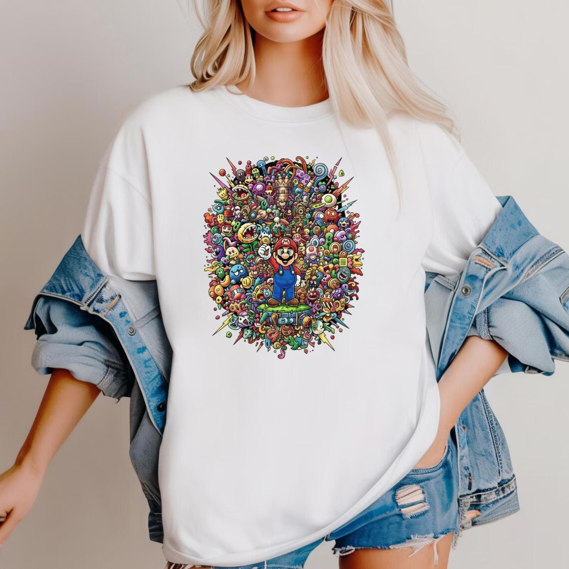 Mario Doodle Art T-Shirt, Colorful Gamer Graphic Tee, Trippy Video Game Character Shirt, Maximalist Streetwear, Super Mario Fan Gift Idea - Image 4